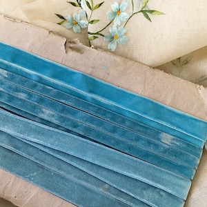 Vintage Floppy Soft French Sea Blue Velvet Ribbons