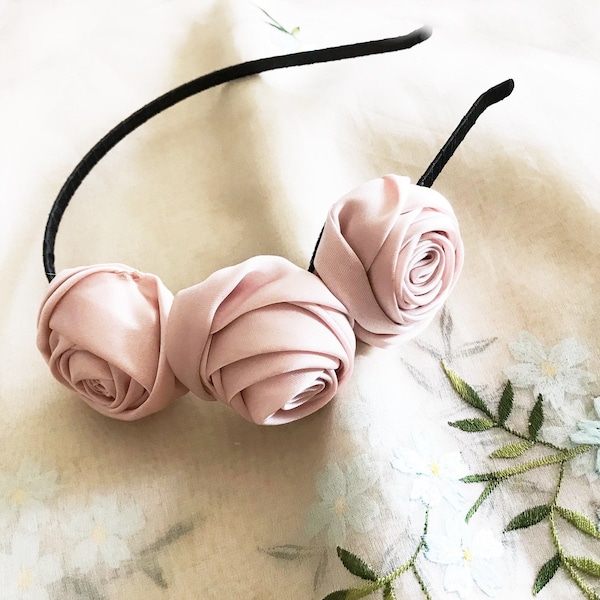 Stunning Delicate Beautiful Full Pale Muted Pink Roses - Headband - Bridal - Soft Satin Fabric Roses