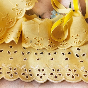 Rich Yellow Vintage Embroidery Anglaise & Velvet Ribbon - Craft Dolls Costumes Pillows