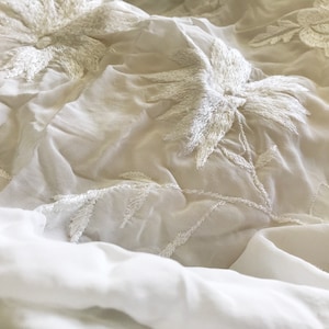 Antique Heavily Embroidered Pure WHITE SILK Piano Shawl - Hand Embroidery - Silk Society - Vintage