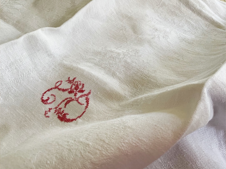 Hand Embroidered Red Cross Stitch Monogram Beautiful Large French Antique White Linen Damask Napkin Serviette AJ AT