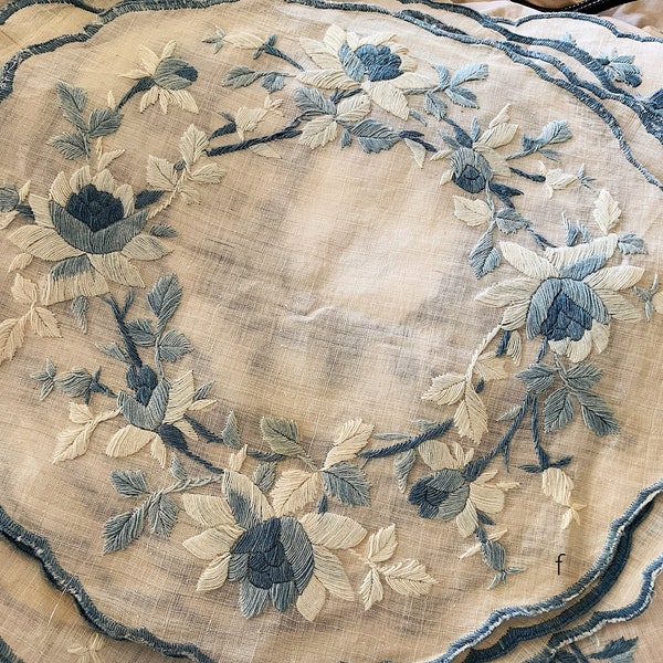 Gorgeous Vintage Hand Embroidered Shaded Blue Roses - Very Fine Linen Doily - Or Salvage Craft Dolls Costumes  Patchwork