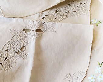 Beautiful French Hand Embroidered Roses - Vintage Ivory Linen Table Runner - Richelieu Work