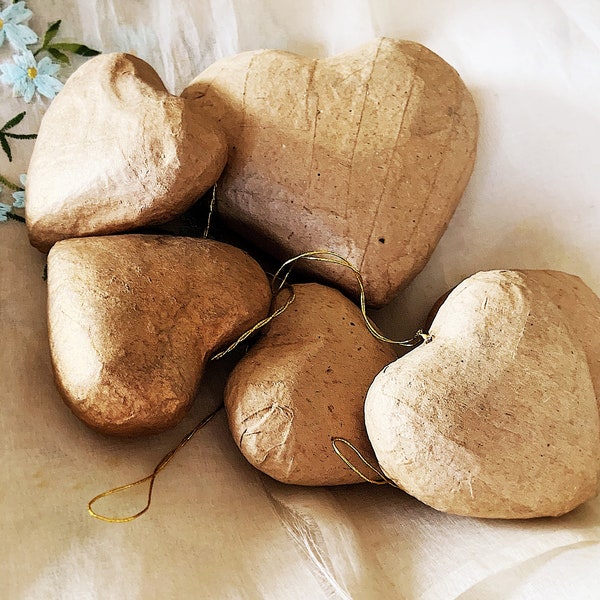 Vintage Gold Brown Handmade Paper Mache Hearts - Craft Shabby Decor