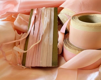 Vintage Ribbons & Fabrics - Fabulous Shades Pinky Peach Silk, Crepe, Organdy, Taffeta Ribbons - Craft Dolls Costumes Ribbon Embroidery