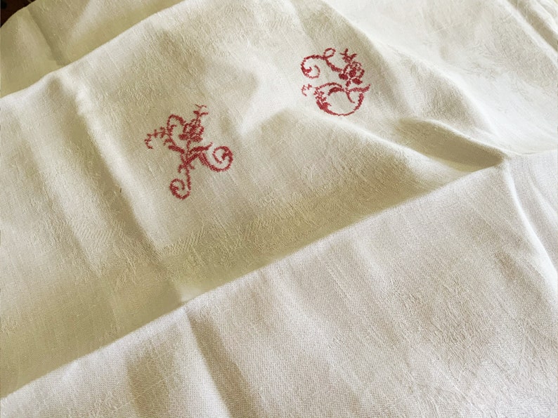 Hand Embroidered Red Cross Stitch Monogram Beautiful Large French Antique White Linen Damask Napkin Serviette AJ AT