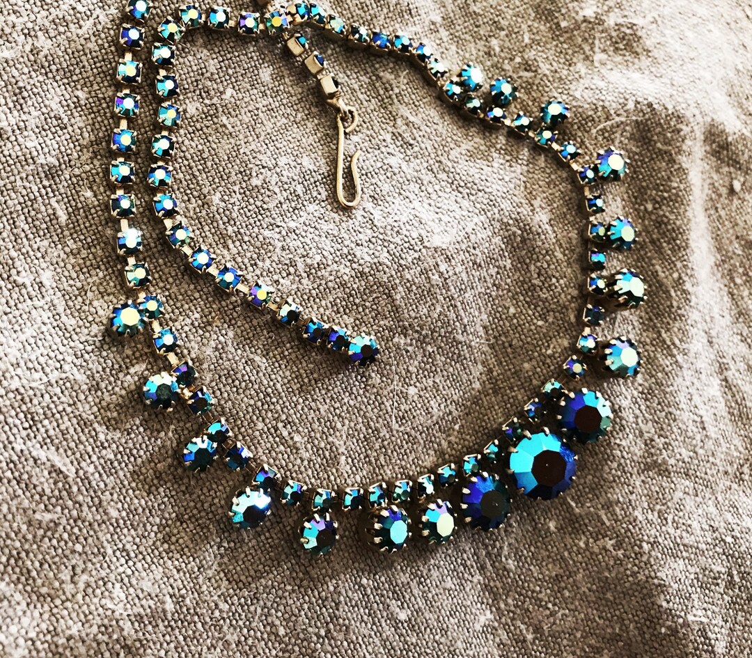 Blue AB Rhinestone Choker / Necklace Ladies Costume Jewelry Vintage