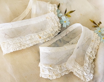 Pair Fine Gauzy Handmade Hand Stitched Organdy Vintage Remnants / Cuffs ? - Tiny Lace Ruffles - Salvage Craft Costumes