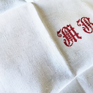 Servilleta/paño de cocina grande de lino antiguo francés de damasco - Bordado a mano en punto cruzado MB - Textiles Vintage