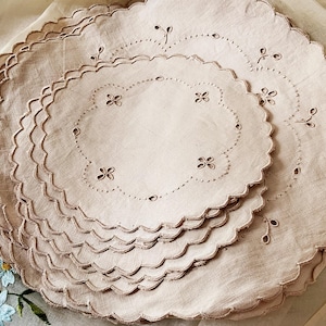 Natural Linen Hand Embroidered Vintage Doily / Table Mat