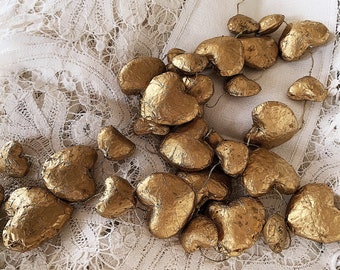 Vintage Gold Handmade Paper Mache Hearts - Garland of Hearts - Craft Decor