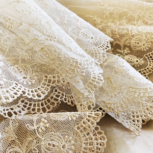 Beautiful Antique Fine Ecru Tulle Lace - Net Lace  - Schiffli - Needlerun -  Victorian Craft Dolls
