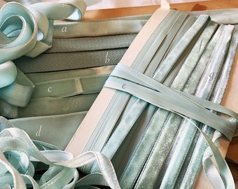French Vintage Pale Blue Aqua Tones - Rayon Velvet Ribbons - Silk & Rayon - Craft Vintage Supplies