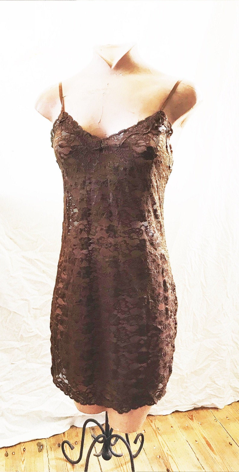 Vintage Stretch Lacy Brown Net Cotton Tunic Dress UnderDress PreLoved Layer