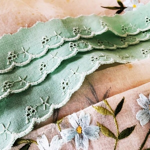 Blue green cotton embroidery anglaise - Craft Haberdashery Vintage Supplies