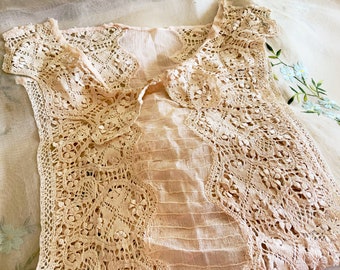 トップス 1900s Silk Maltese Lace Blouse Antique Silk Maltese Lace Shirt Front - Handmade - Pintucks