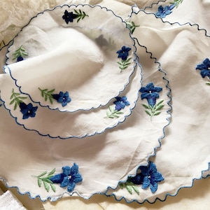 Vintage Hand Embroidered Doily - Blue Flowers - Beautiful Handwork -Craft Patchwork