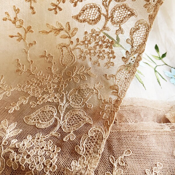 Beautiful Highly Detailed Vintage Coffee Shade French Lace - Unused - Alencon Lace - Tulle / Net Lace - Craft Pillows Costumes