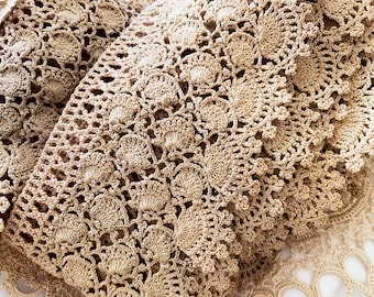 Hand Crocheted Vintage Ecru Lace - Handmade Lace - Craft Bags Cushions