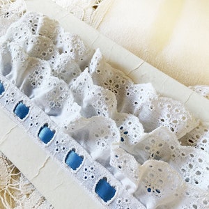 Vintage Ruffled Lace Trim With Ribbon - Embroidery Anglaise - Craft Dolls