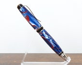 American Ribbons, Acrylic Pen, Platinium Finish, Cigar Ballpoint, Twist Pen, Hand Turned, Red White Blue, Parker Style Ink, Patriotic Pen