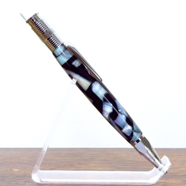 Black Pearl Mosaic, Mother of Pearl, Chrome Mechanical,  Pencil Thick Lead, Hand Turned, 2 mm Lead, Big Eraser, Built In Sharpener