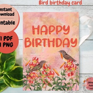 Blumen Geburtstagskarte, Vögel, botanisch, Blumenvogel, Sofort download, printable, illustrierte Karte, blanko, Grußkarte, Geburtstag 5x7 Karten