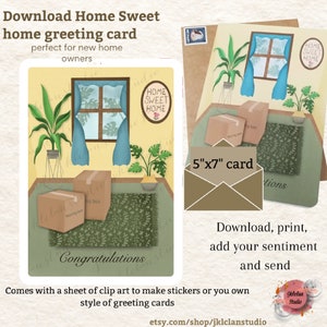 Novo cartão de casa, cartão de inauguração, desenhado à mão, download instantâneo, imprimível, cartão ilustrado, em branco, cartão de felicitações, novo cartão de casa, realitor