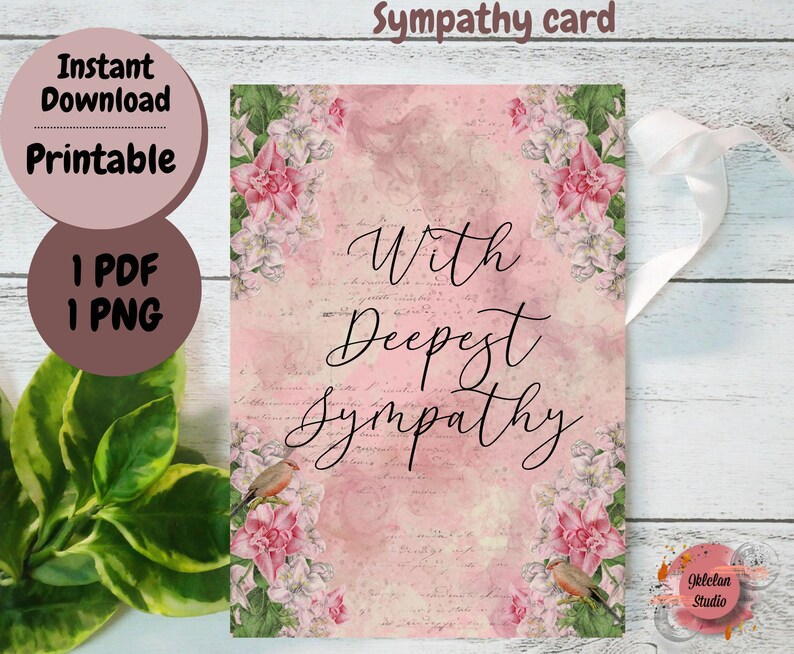 Sympathy Script Printable Sympathy Card, Hand Drawn, Floral, Instant Download ...