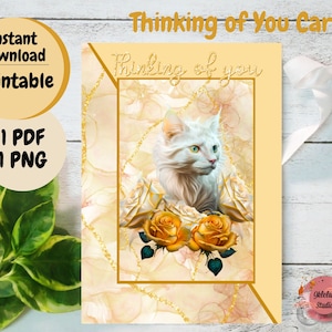 Tarjeta inspiradora imprimible/Pensando en ti / Descarga instantánea/ imprimible/ tarjeta en blanco/ tarjeta ilustrada/ en blanco/ gato/ rosas amarillas/ Para ella