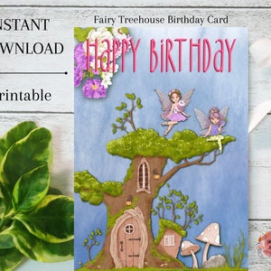 Cartão de aniversário de fada, fada, casa na árvore, download instantâneo, para impressão, azul, cartão ilustrado, em branco, cartão comemorativo, aniversário, cartões 5x7