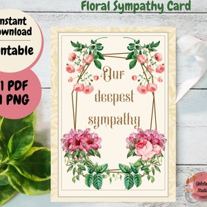 Florale Beileidskarte, rosa Blumen, botanisch, Sofort download, printable, illustrierte Karte, blanko, Grußkarte, 5x7 Karten, trauernd