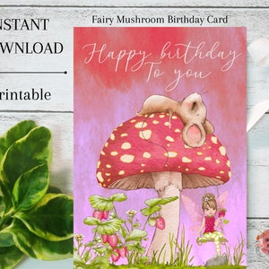 Cartão de aniversário de fada, fada, mouse, download instantâneo, para impressão, vermelho, cartão ilustrado, em branco, cartão de felicitações, aniversário, cartões 5x7