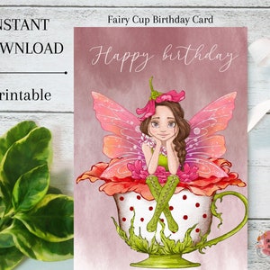 Feen-Geburtstagskarte, Fee sitzend, Feen-Tasse, sofortiger Download, druckbare, illustrierte Karte, leer, Grußkarte, Geburtstag, 5 x 7 Karten