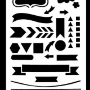 May include: Black and white stencil sheet with various shapes and designs, including arrows, banners, frames, and geometric shapes. The sheet is labeled "2".