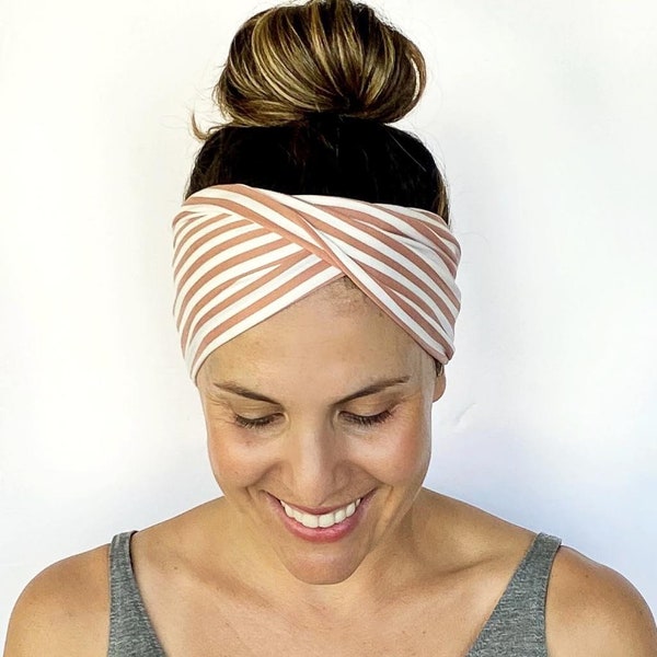 Blush Stripe Double Twist Headband - Turban Headband - Wide Headband - Yoga Headband - Workout Headband