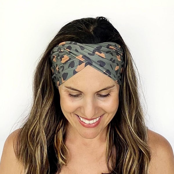 Green Leopard Twist Headband - Turban Headband - Wide Headband - Yoga Headband - Workout Headband - Nurse Headband