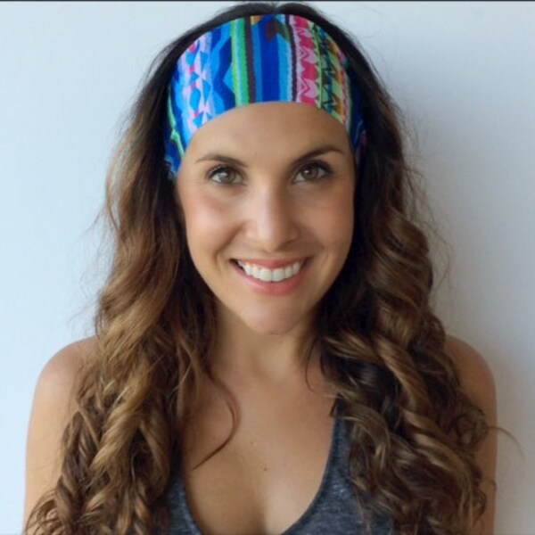 Yoga Headband, Workout Headband,  Running, Crossfit, Blue Navaho, Non slip, wide headband, fitness headband