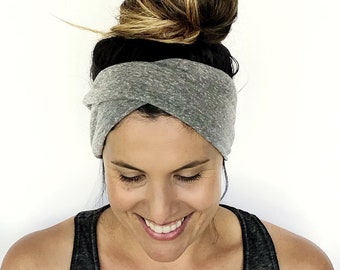 Grey Double Twist Headband - Turban Headband - Wide Headband - Yoga Headband - Workout Headband