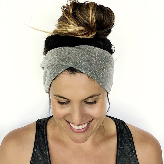 Grey Double Twist Headband - Turban Headband - Wide Headband - Yoga Headband - Workout Headband
