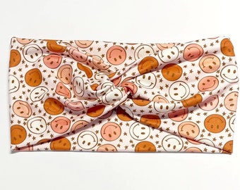Happy Go Lucky Turban Headband - Turban Headband - Wide Headband - Yoga Headband - Workout Headband - Smiley Face Headband