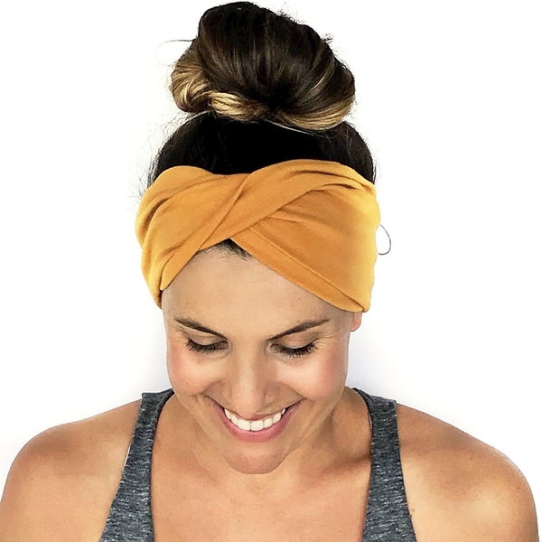 Golden Yellow Double Twist Headband - Turban Headband - Wide Headband - Yoga Headband - Workout Headband - Nurse Headband