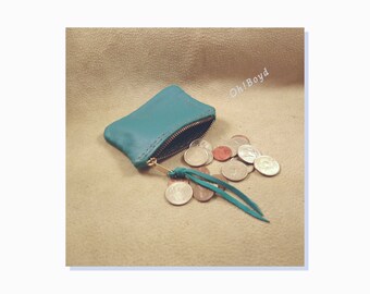 Turquoise Zippered Coin Purse, Hand Stitched Leather, Size 4x3-inches, for Man or Woman, Tough USA Brass Zipper, Strong, Sturdy Construction