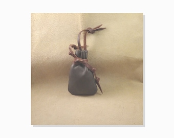 Leather Bag with Leather Drawstring, Size 3x5-in, Rugged Old Fashioned Pouch, Dk Gray, Hand Stitched, Heavy Duty for Rocks, Stones, etc.