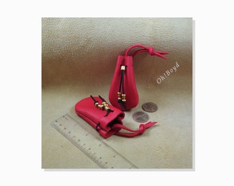 Small Drawstring Pouches, Color: Red - Soft Strong Leather Stitched by Hand, 1-3/4 x 3-inches - Special Gemstone, Crystal, Vial