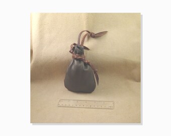 Leather Bag with Leather Drawstring, Size 4x6-in, Rugged Old Fashioned Pouch, Dk Gray, Hand Stitched, Heavy Duty for Rocks, Stones, etc.