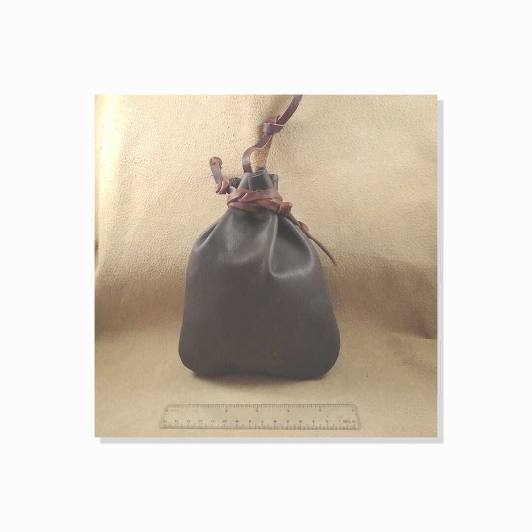Leather Bag With Leather Drawstring, Size 6x8-in, Rugged Old Leather Bag With Leather Drawstring, Size 6x8-in, Rugged Old