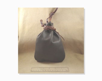 Leather Bag with Leather Drawstring, Size 6x8-in, Rugged Old Fashioned Pouch, Dk Gray, Hand Stitched, Heavy Duty for Rocks, Stones, etc.