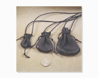 Tiny Drawstring Necklace Pouch Hand Stitched Deerskin Spiritual Medicine Pouches for Man or Woman, 3 sizes, Black