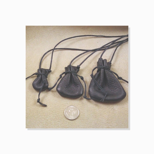 Tiny Drawstring Necklace Pouch Hand Stitched Deerskin Spiritual Medicine Pouches for Man or Woman, 3 sizes, Black